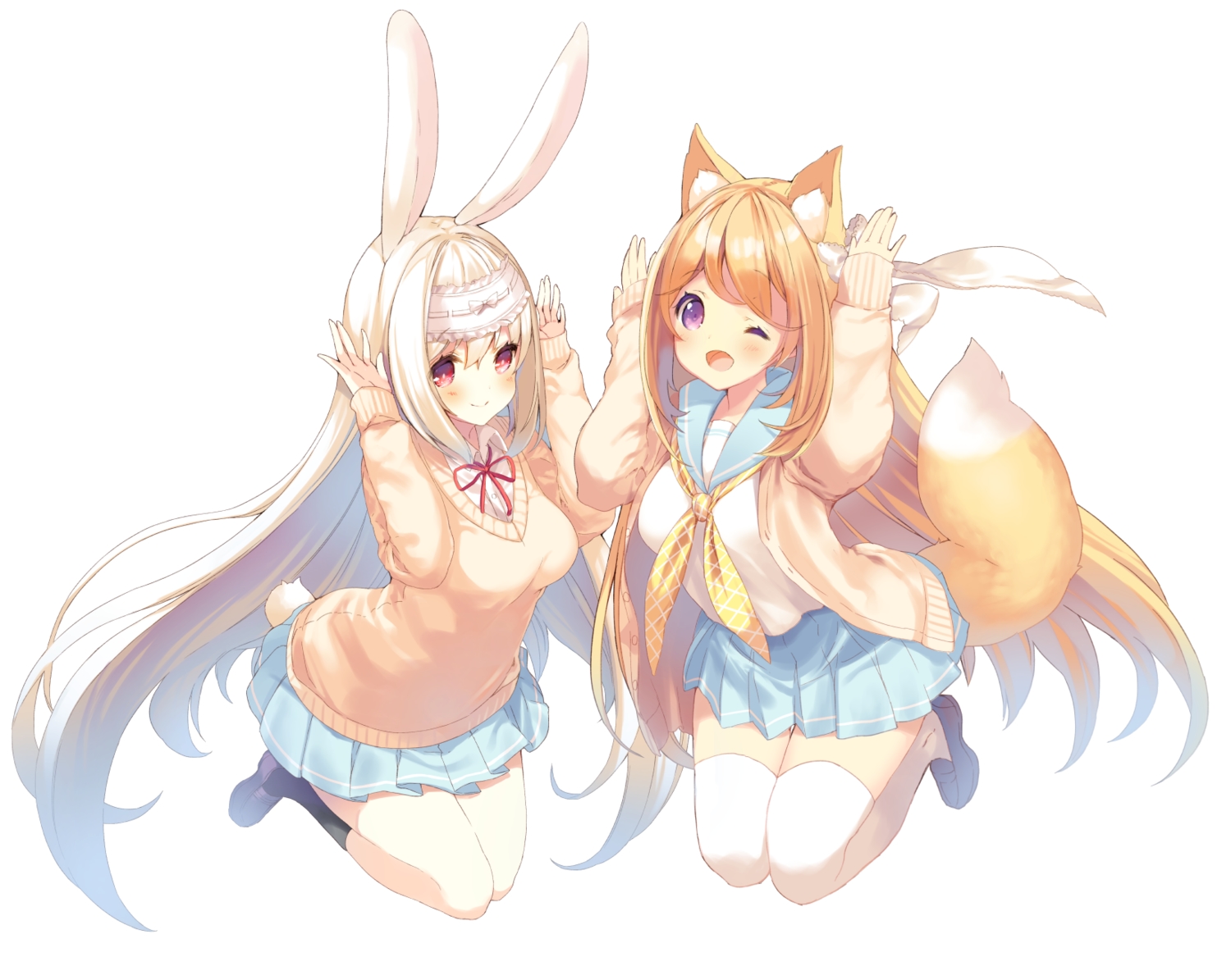 2girls, animal_ears, bunny_ears, bunnygirl, cynthia_riddle, foxgirl, headdress, kneehighs