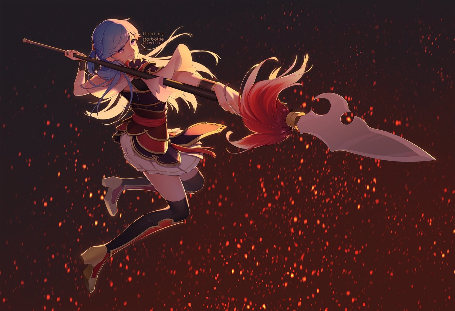 akashirokai, aqua_hair, long_hair, original, ponytail, purple_eyes, skirt, spear