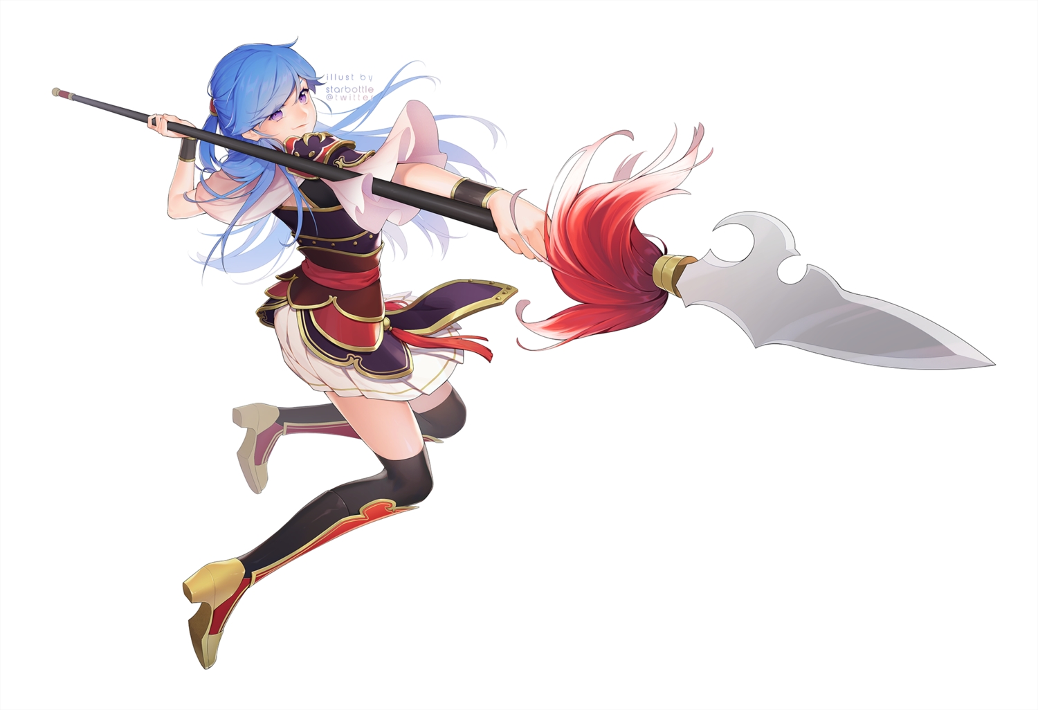 akashirokai, aqua_hair, long_hair, original, ponytail, purple_eyes, skirt, spear