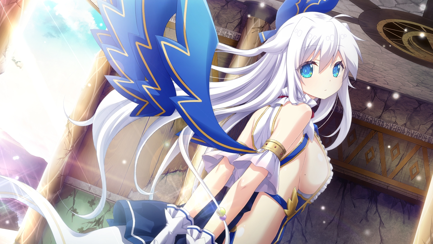 aliasing, amayui_castle_meister, aqua_eyes, breasts, eushully, fia, game_cg, long_hair, sideboob, white_hair, yano_mitsuki