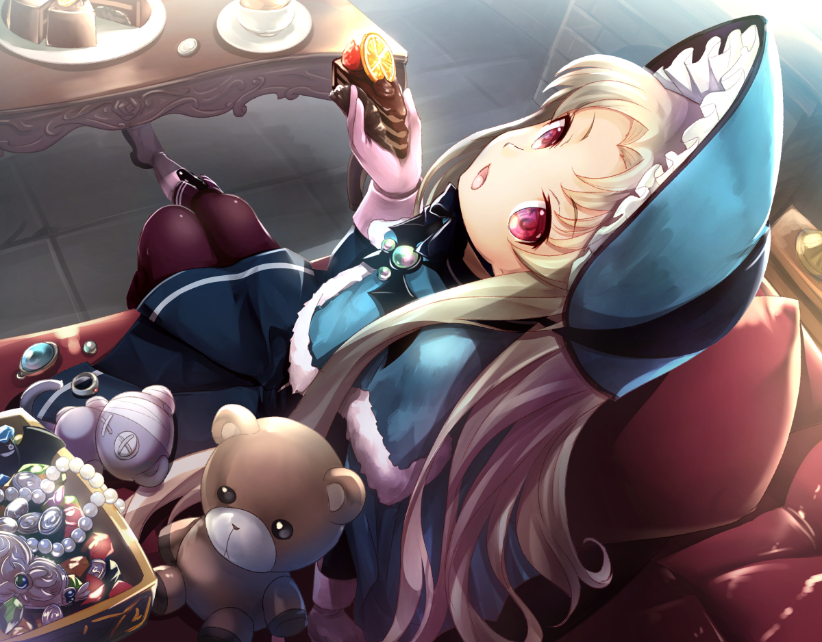 blonde_hair, cake, cape, drink, food, fruit, gloves, headdress, kaitou_tenshi_twin_angel, kouzu_shou, lolita_fashion, long_hair, necklace, pantyhose, red_eyes, salome_(twin_angel), strawberry, teddy_bear