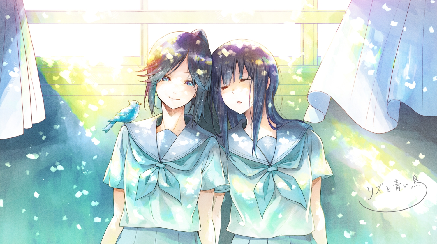 2girls, animal, aqua_eyes, bird, black_hair, furai, hibike!_euphonium, kasaki_nozomi