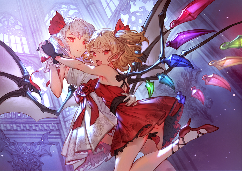 2girls, ass, blonde_hair, dress, flandre_scarlet, flowers, gloves, hug