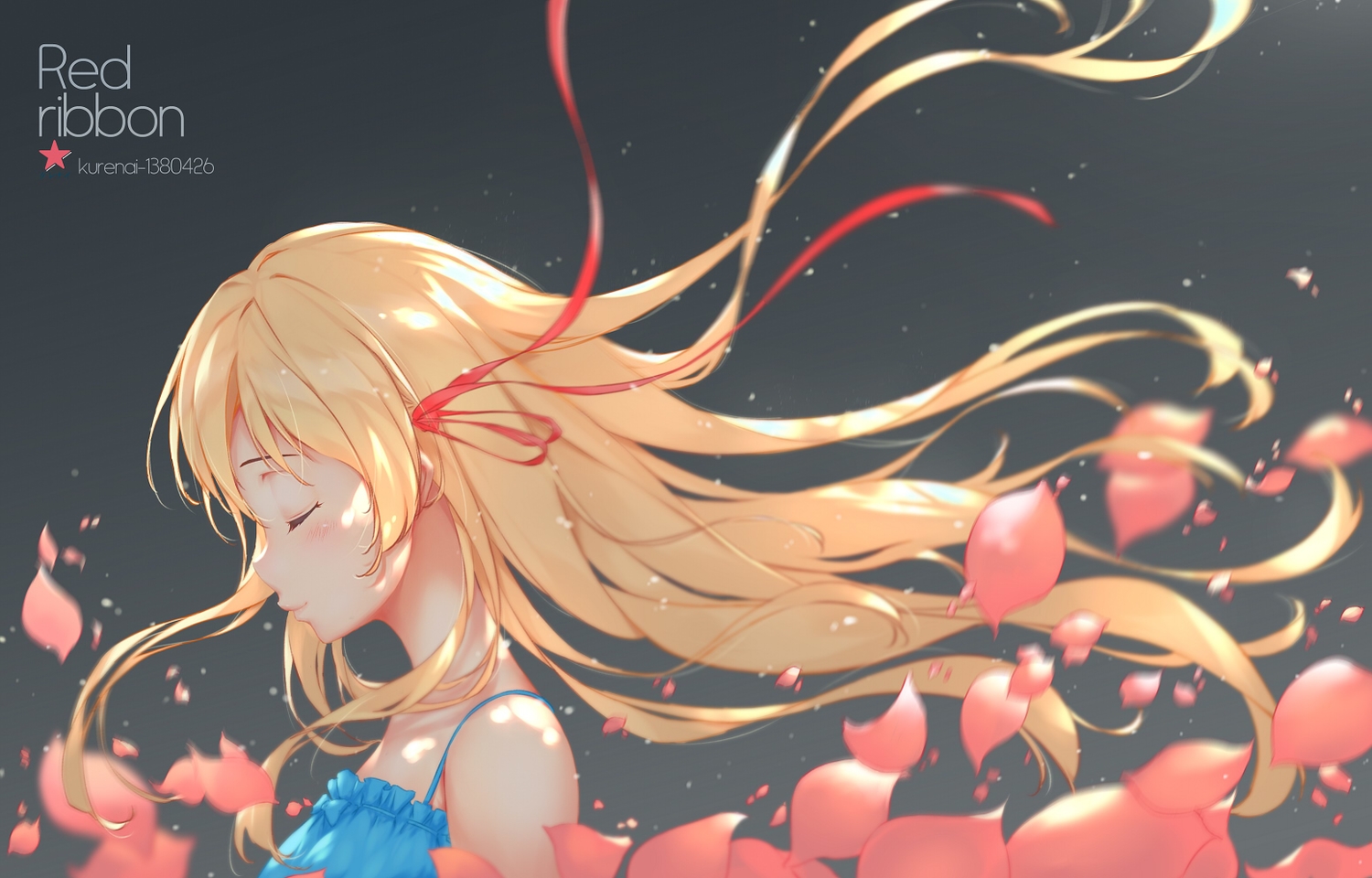 blonde_hair, blush, kurenaiz, long_hair, original, petals, ribbons, watermark