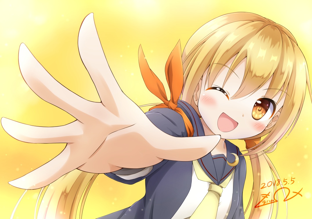 anthropomorphism, blonde_hair, blush, brown_eyes, gu-rahamu_omega_x, kantai_collection, long_hair, satsuki_(kancolle), school_uniform, signed, twintails, wink, yellow