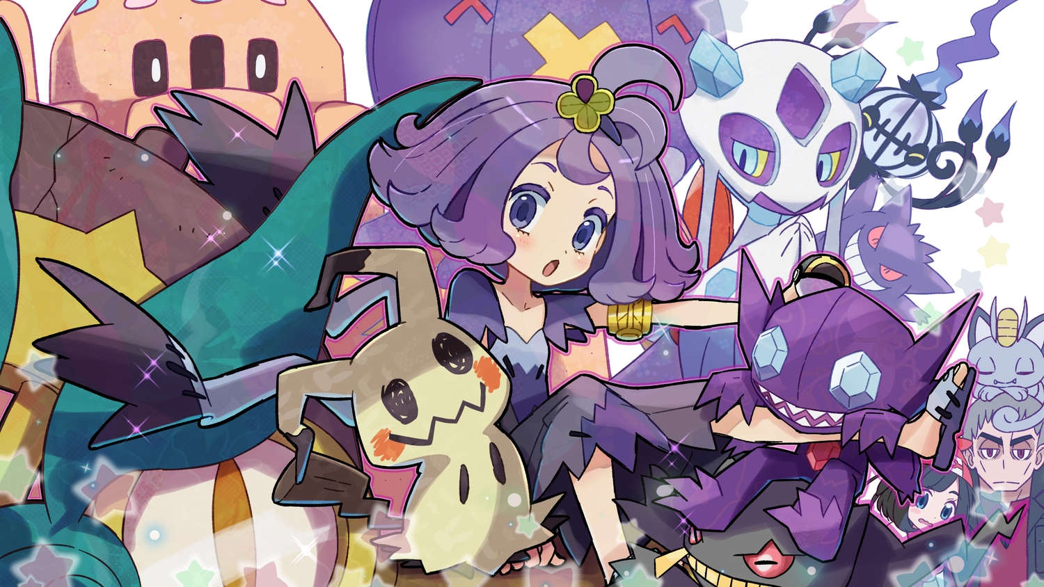 acerola_(pokemon), aqua_eyes, banette, black_hair, chandelure, dhelmise, dress, drifblim