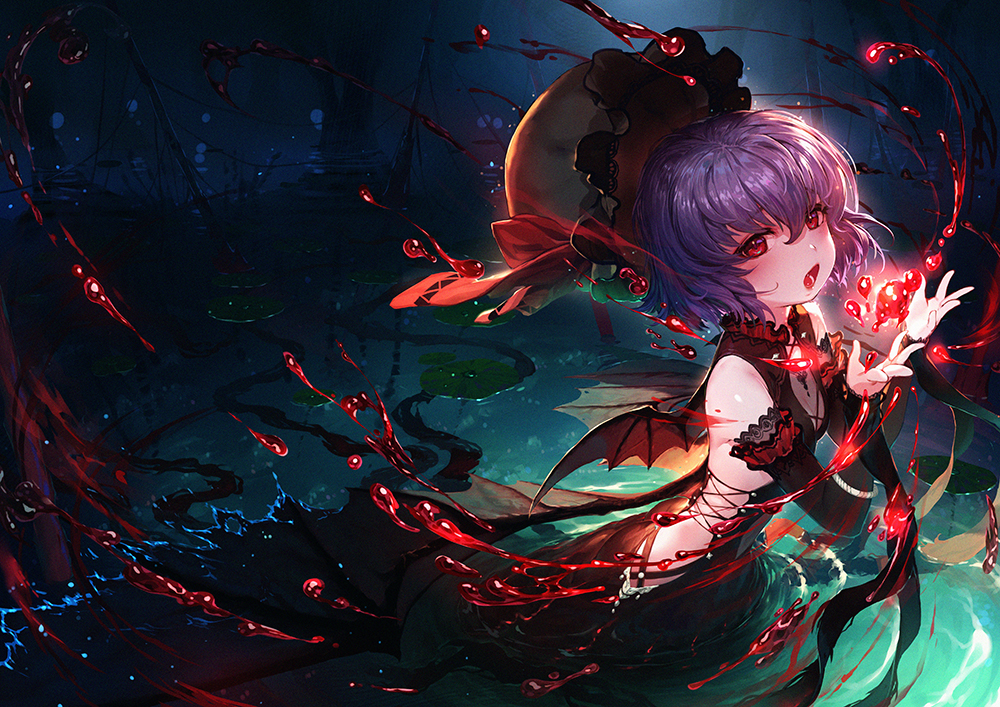 blood, dress, gothic, hat, night, purple_hair, red_eyes, remilia_scarlet, short_hair, touhou, vampire, water, wings, zimajiang