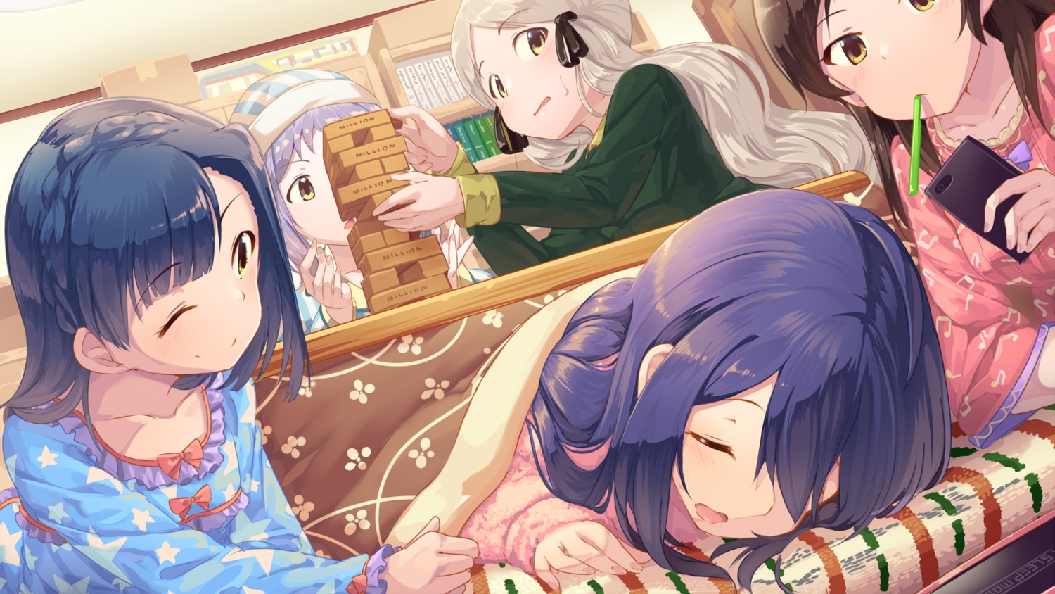 blonde_hair, blue_hair, blush, book, bow, brown_hair, group, handa_roko, idolmaster, idolmaster_million_live!, kitazawa_shiho, kotatsu, long_hair, makabe_mizuki, mochizuki_anna, nanao_yuriko, phone, purple_hair, sleeping, wink, yellow_eyes, yoshika_(music480069)