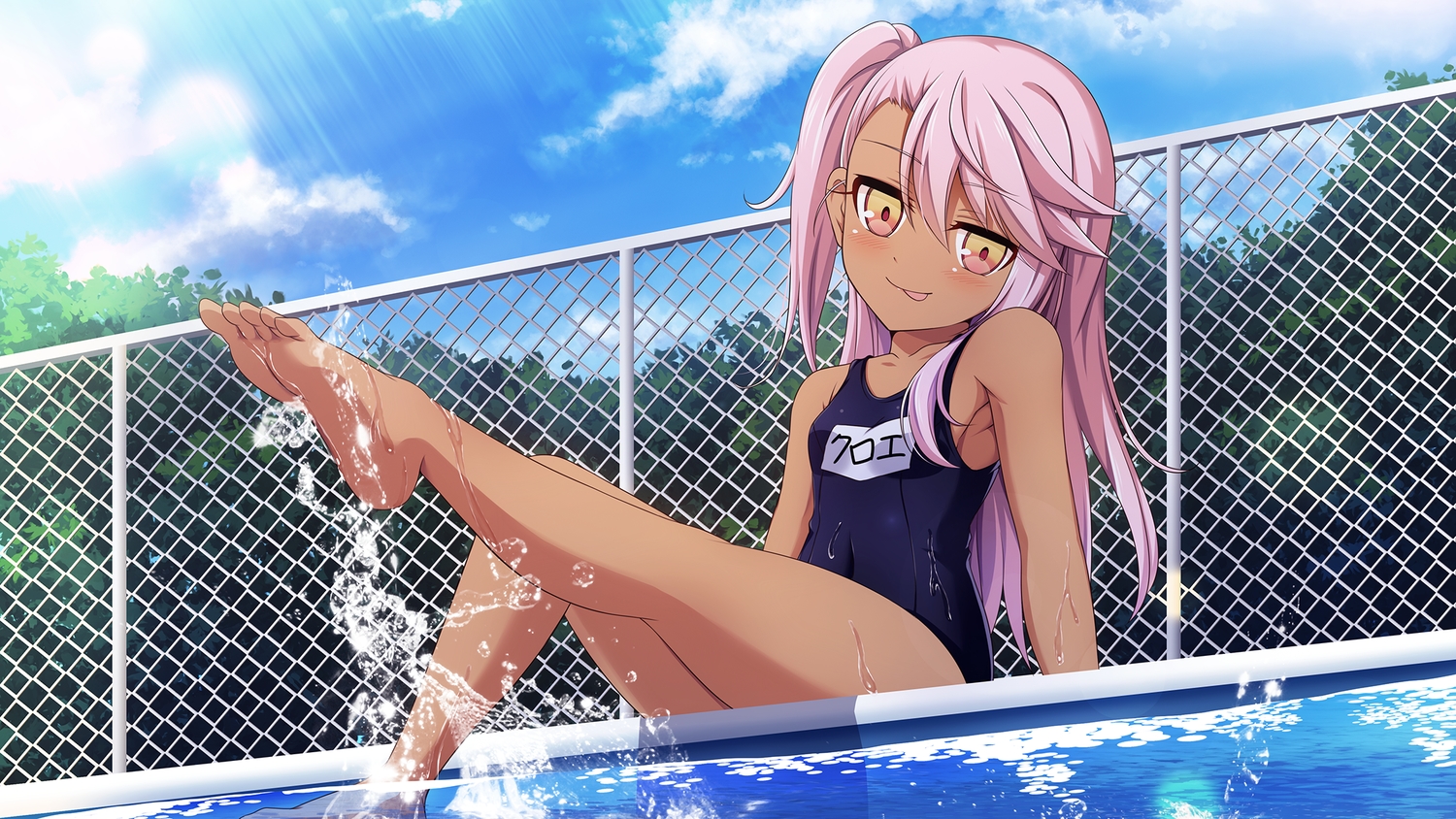 blush, chloe_von_einzbern, clouds, dark_skin, fate/kaleid_liner_prisma_illya, fate_(series), loli, long_hair