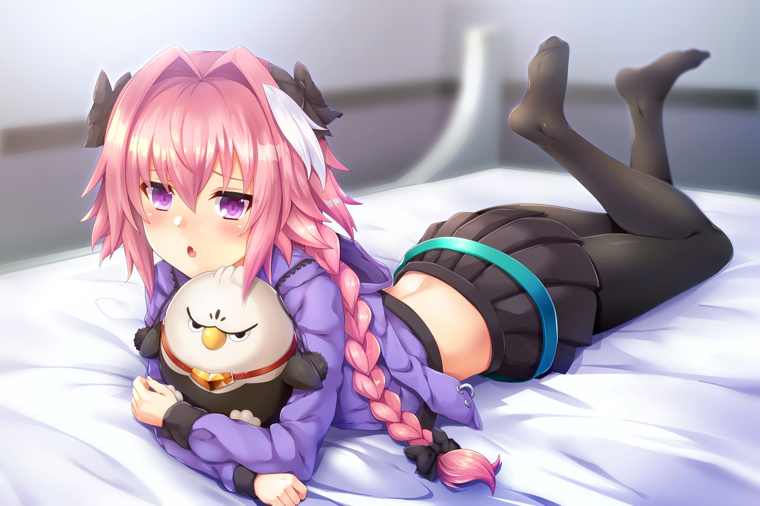 all_male, astolfo, bed, blush, bow, braids, fate/grand_order, fate_(series), hood, long_hair, male, otoko_no_ko, pantyhose, pink_hair, ponytail, purple_eyes, samoore, skirt