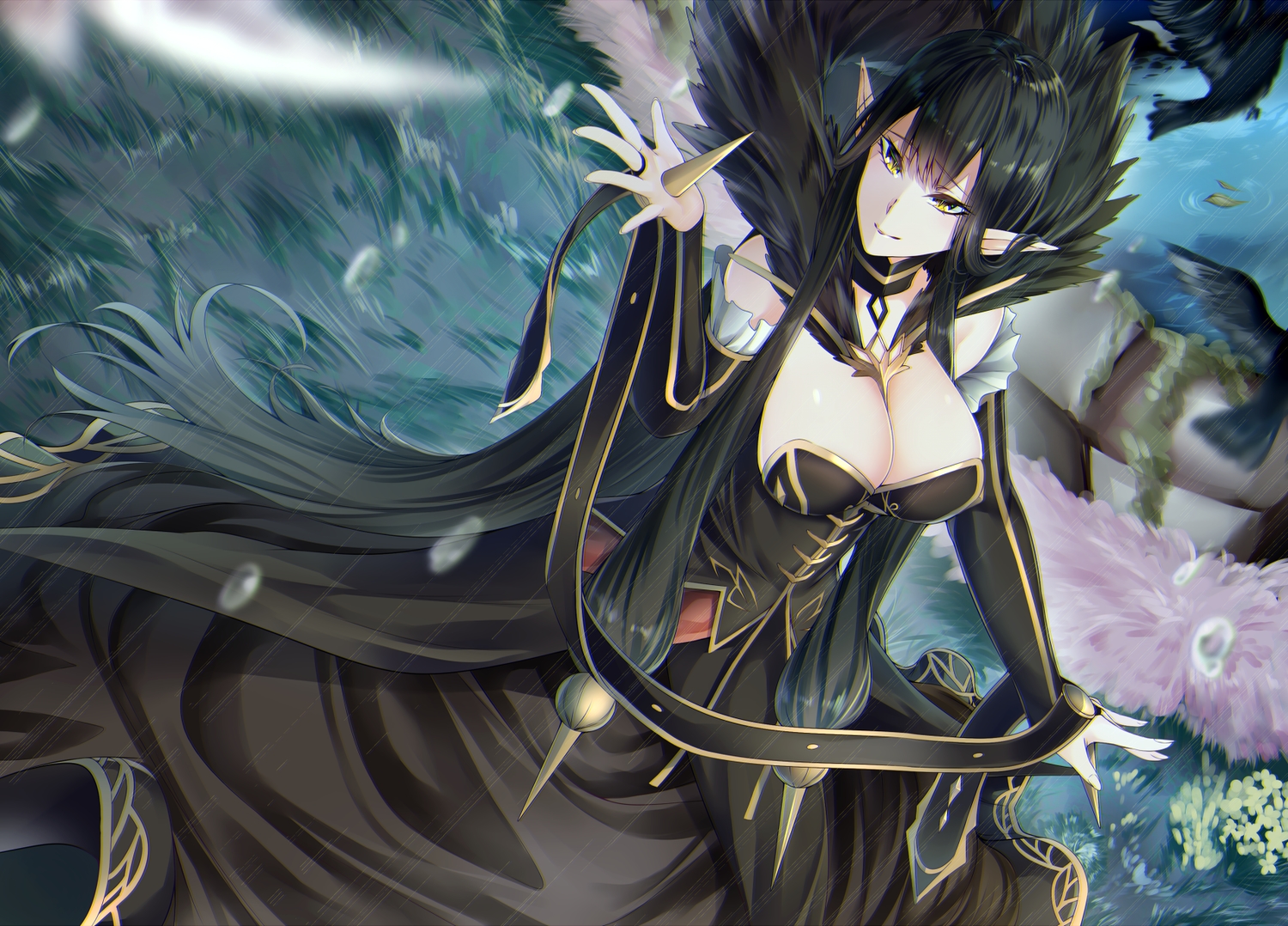 animal, bird, black_hair, breasts, bubbles, cleavage, dress, fate/grand_order, fate_(series), flowers, grass, long_hair, pointed_ears, rain, samoore, semiramis, water, yellow_eyes