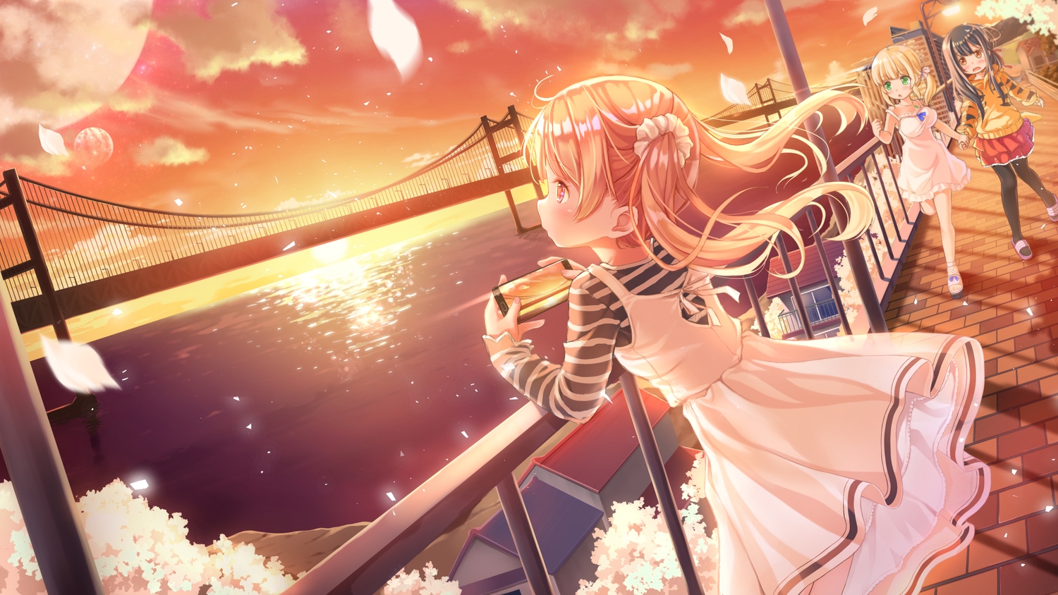 black_hair, blonde_hair, breasts, building, camera, cherry_blossoms, cleavage, clouds