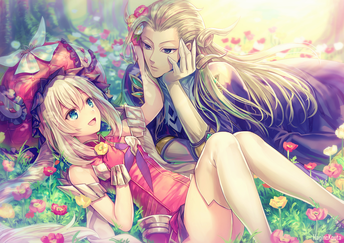 aqua_eyes, blonde_hair, elbow_gloves, fate/grand_order, fate_(series), flowers, gloves, grass, hagino_kouta, hat, long_hair, male, marie_antoinette_(fate/grand_order), thighhighs, wolfgang_amadeus_mozart_(fate/grand_order)