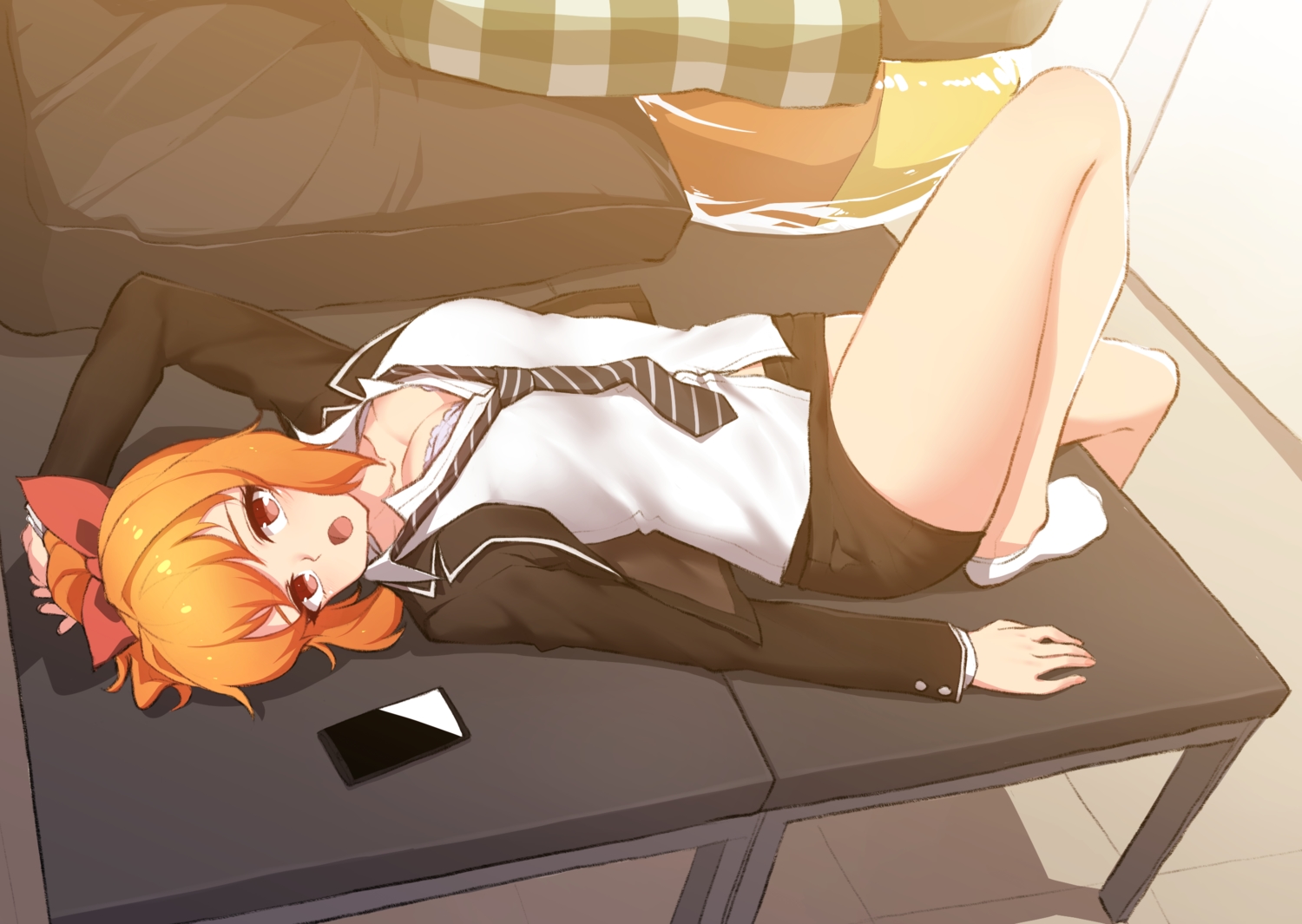 bra, breasts, cleavage, narynn, narynn_(character), orange_hair, original, phone, ponytail, red_eyes, short_hair, skirt, socks, tie, underwear