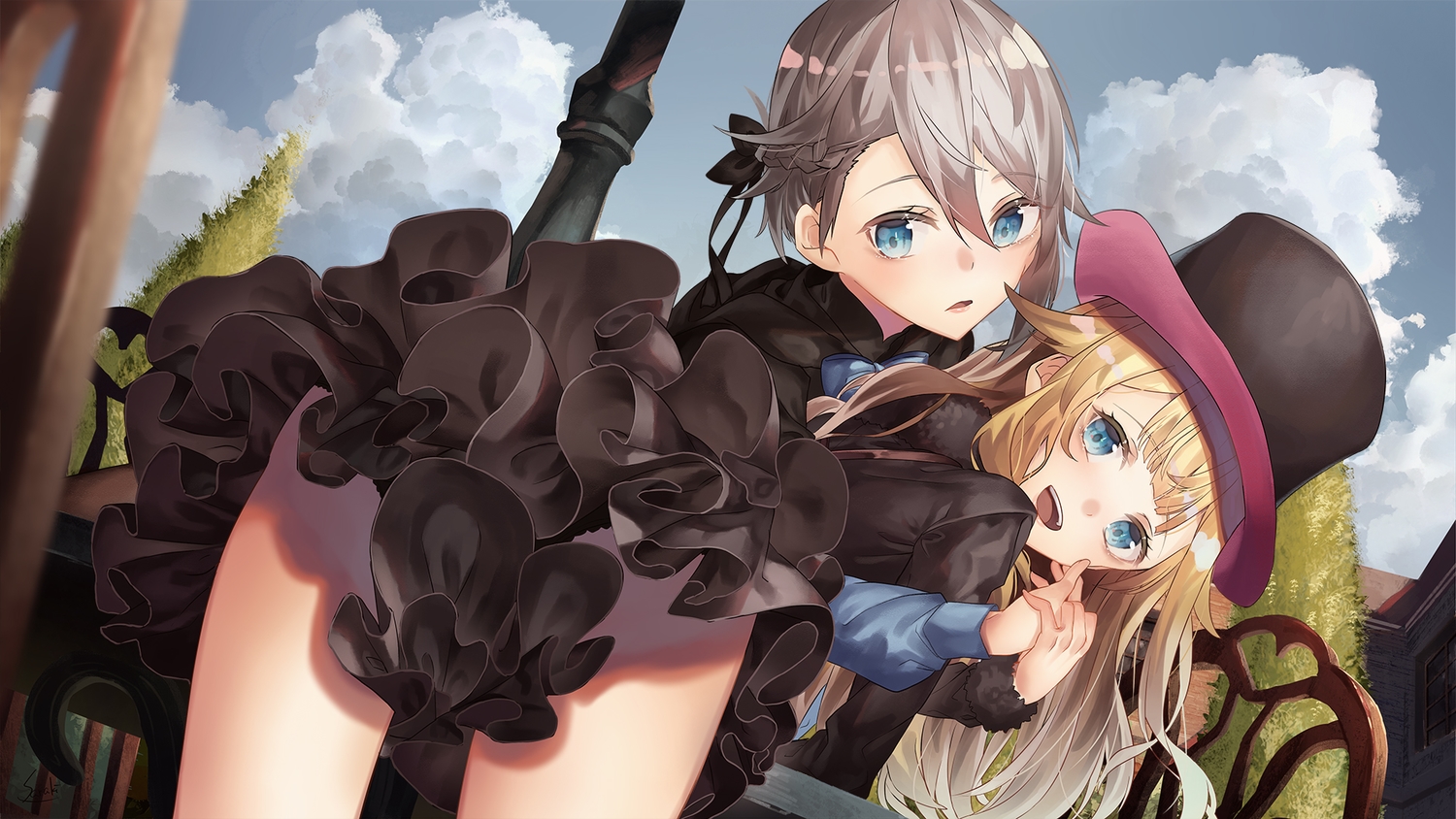 2girls, ange_le_carré, blonde_hair, blue_eyes, braids, clouds, gray_hair, hat