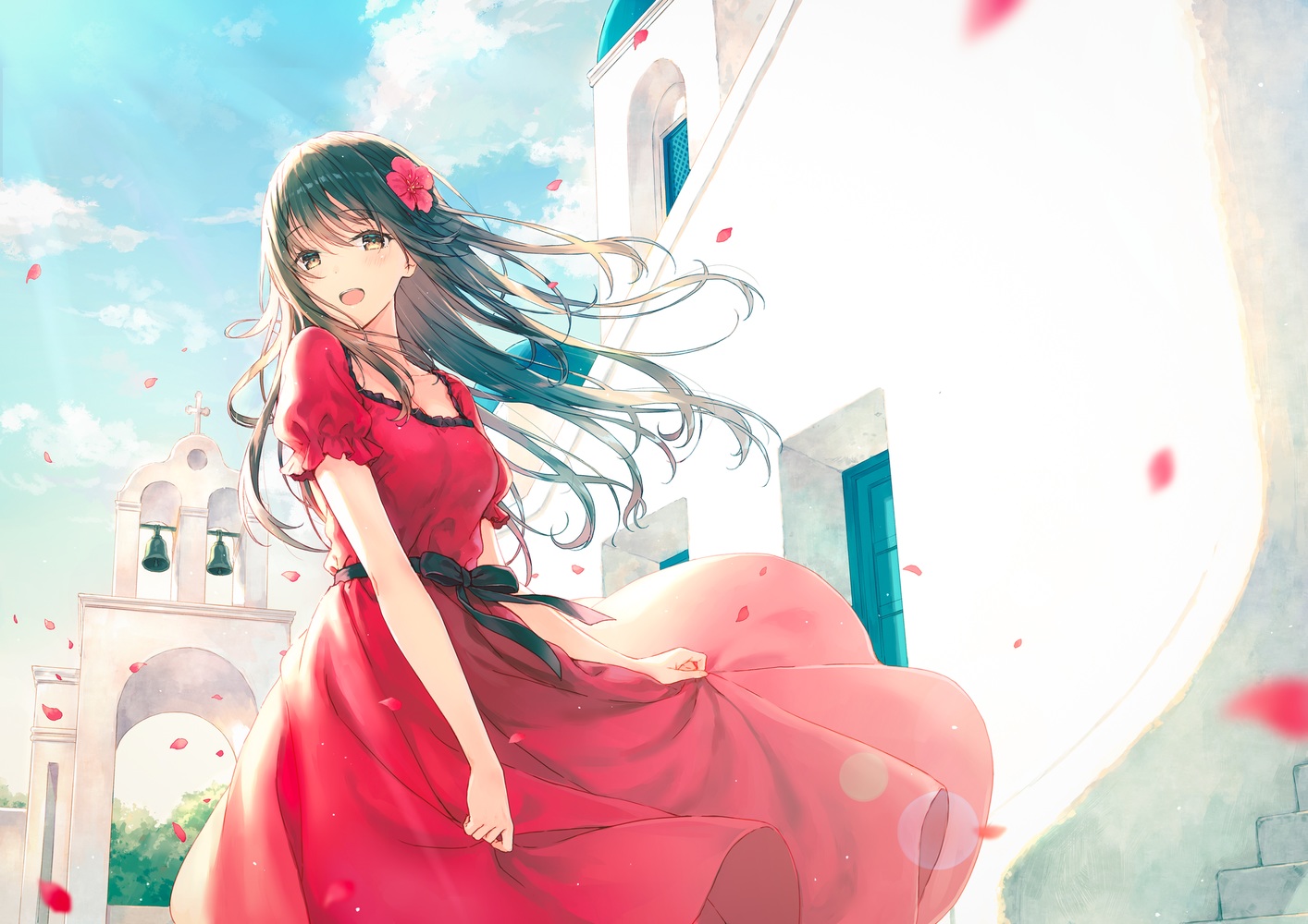 black_hair, blush, bow, brown_eyes, clouds, dress, hiten_(hitenkei), long_hair