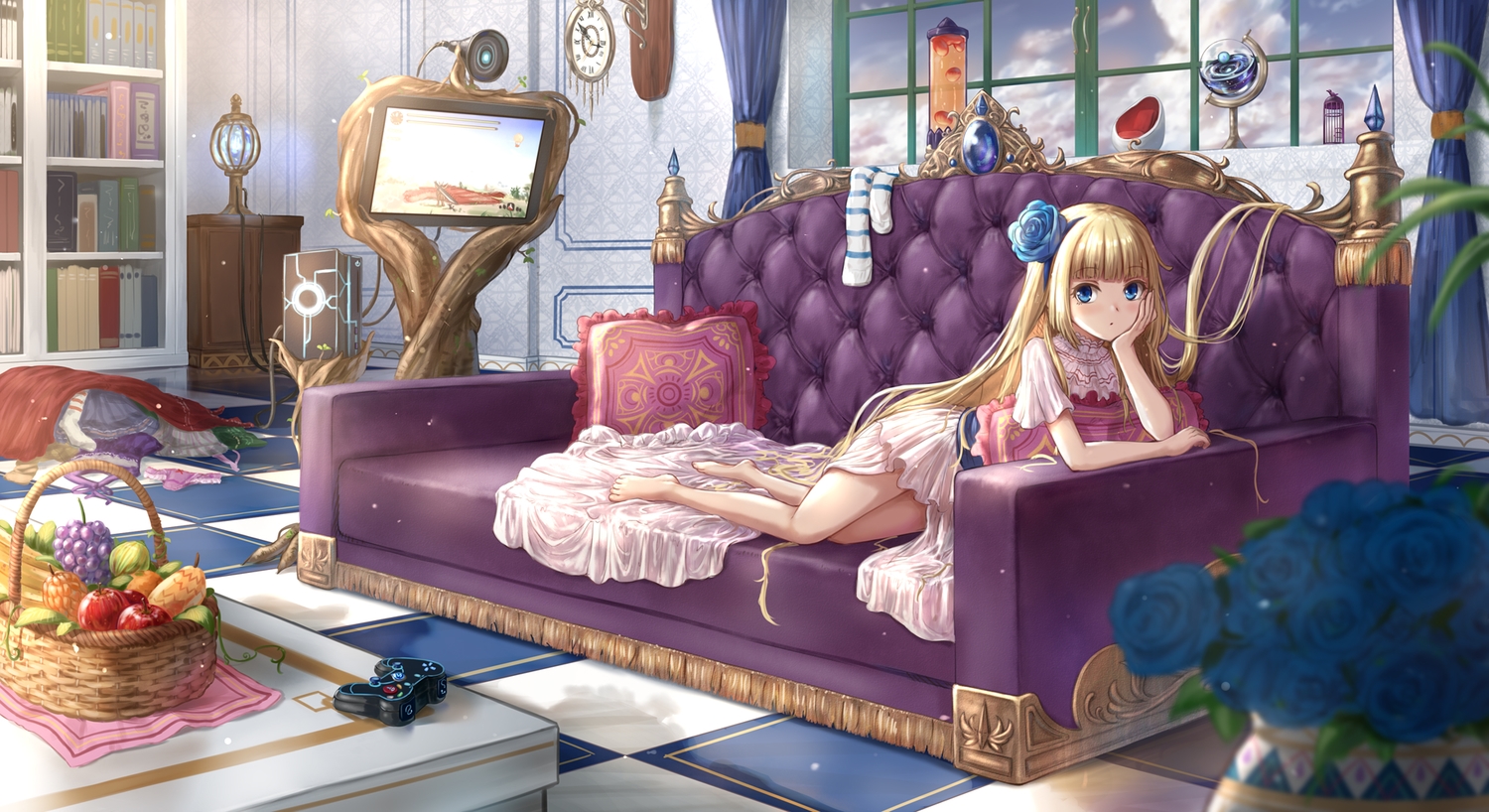 apple, barefoot, blonde_hair, blue_eyes, book, couch, dress, flowers, food, fruit, game_console, gohei_(aoi_yuugure), loli, long_hair, original, panties, rose, underwear