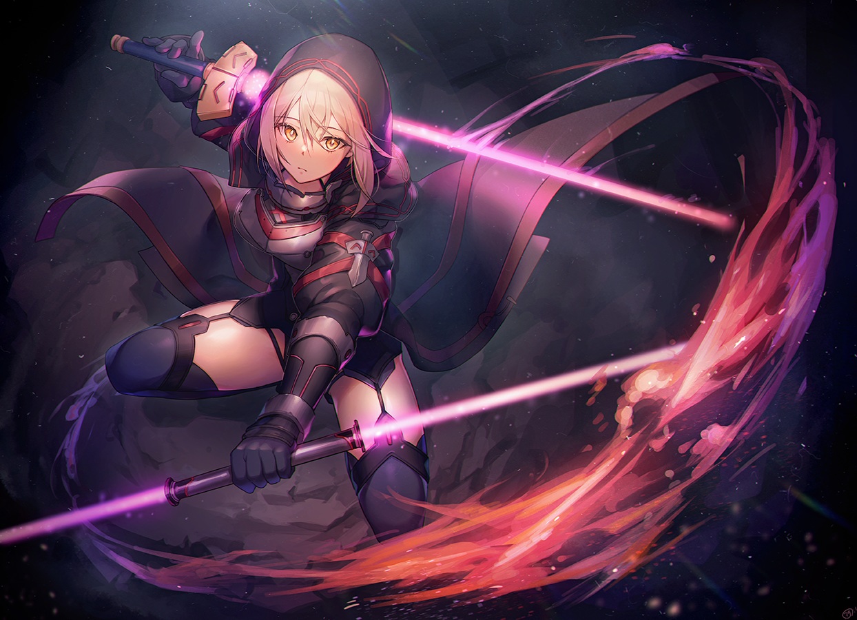 armor, blonde_hair, elbow_gloves, fate/grand_order, fate_(series), garter_belt, gloves, hood