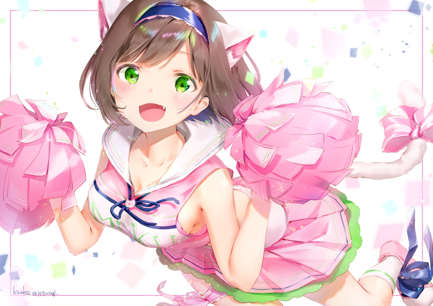animal_ears, bow, breasts, brown_hair, catgirl, cheerleader, cleavage, fang
