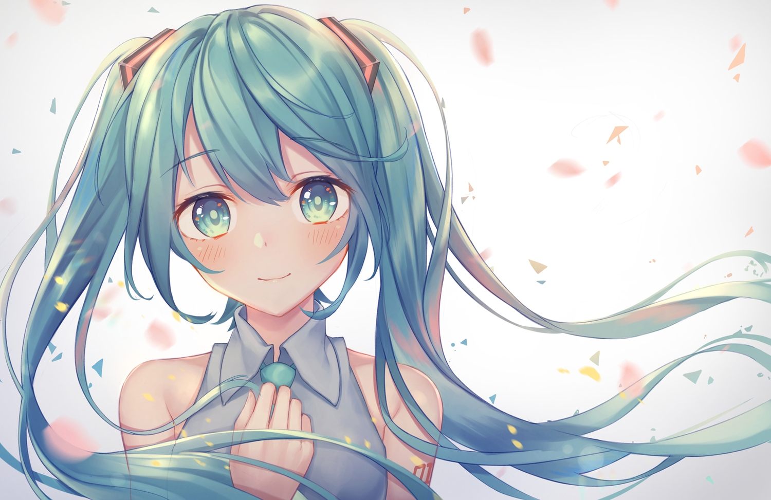 aqua_eyes, aqua_hair, blush, close, hatsune_miku, kawami_nami, long_hair, tattoo, tie, twintails, vocaloid