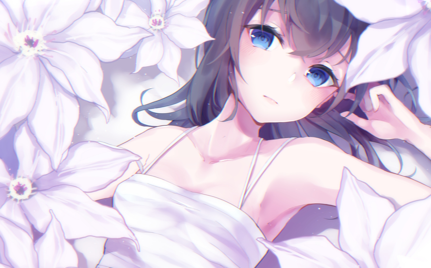 aoto_sora, aqua_eyes, black_hair, blush, close, flowers, fuyu_(xxfylia), long_hair, station_memories, white