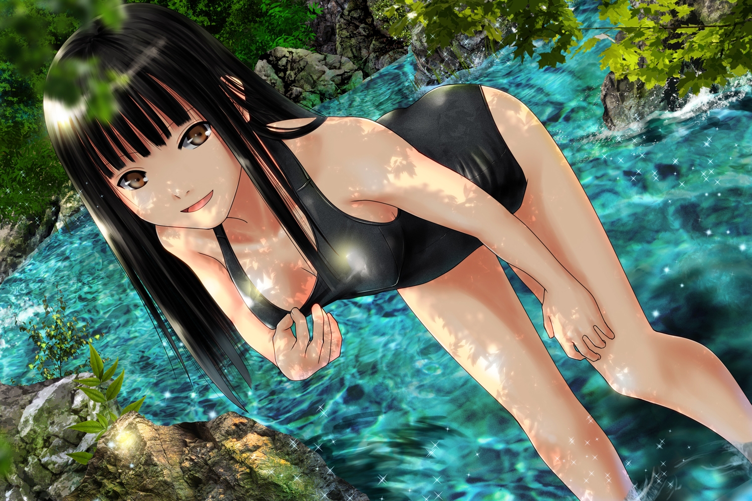 ano_hito, black_hair, brown_eyes, long_hair, original, school_swimsuit, swimsuit, water