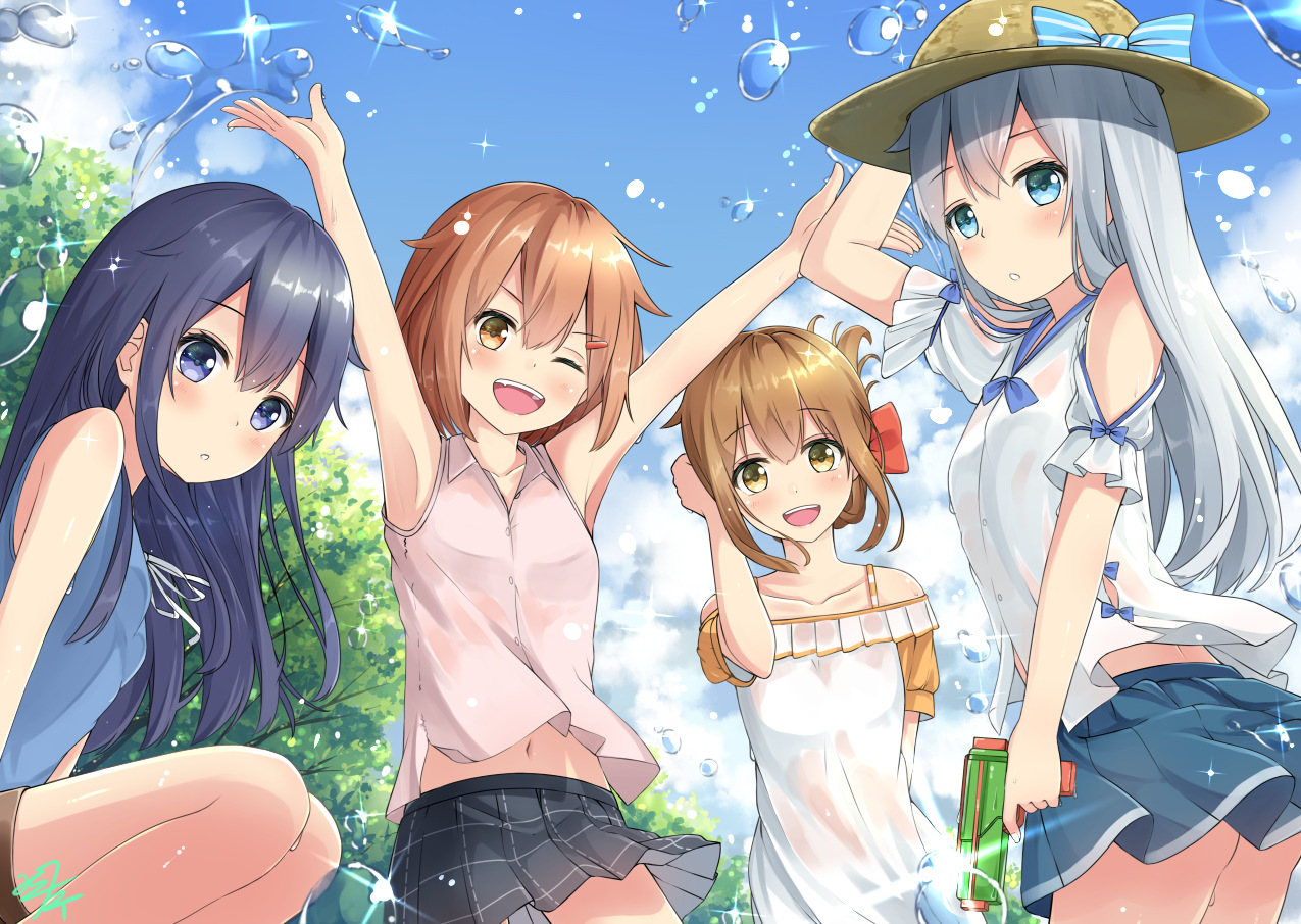 akatsuki_(kancolle), anthropomorphism, aqua_eyes, blue_eyes, blue_hair, blush, bow, brown_eyes