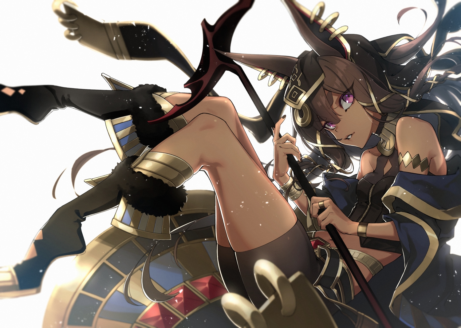 animal_ears, armor, bike_shorts, brown_hair, dark_skin, headdress, kneehighs, long_hair, original, purple_eyes, scythe, shorts, weapon, westxost_(68monkey), wristwear