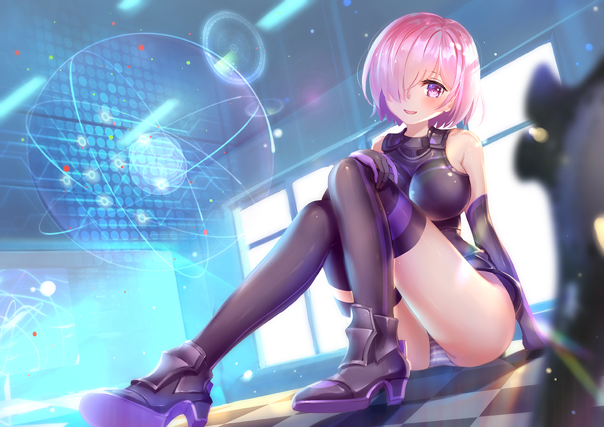 asanogawa_(tutufcc), blush, breasts, elbow_gloves, fate/grand_order, fate_(series), gloves, mash_kyrielight, panties, pink_eyes, pink_hair, short_hair, striped_panties, thighhighs, underwear