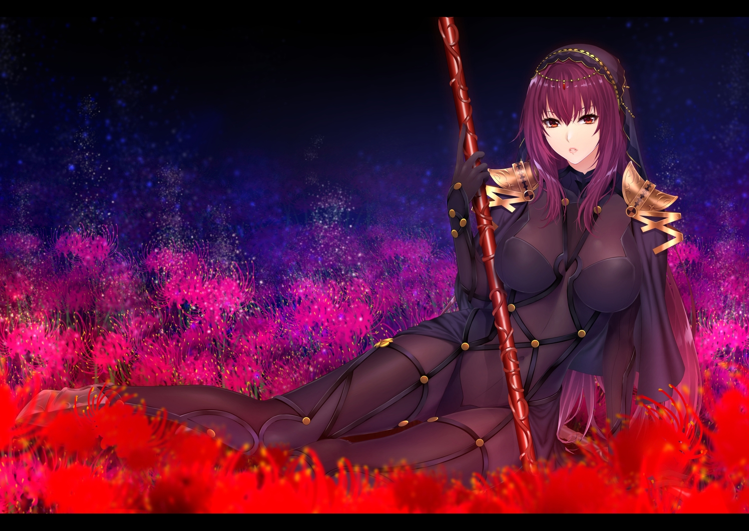 bodysuit, breasts, fate/grand_order, fate_(series), long_hair, orange_eyes, purple_hair, scathach_(fate/grand_order), skintight, spear, weapon, zucchini