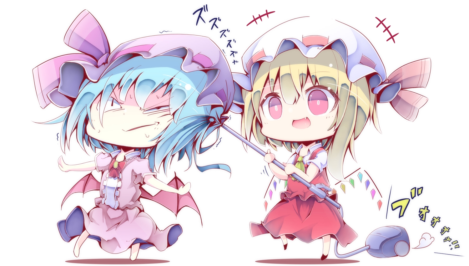2girls, aqua_hair, blonde_hair, bow, chibi, fang, flandre_scarlet, hat, kin-iro_no_puu, pink_eyes, remilia_scarlet, short_hair, touhou, vampire, wings