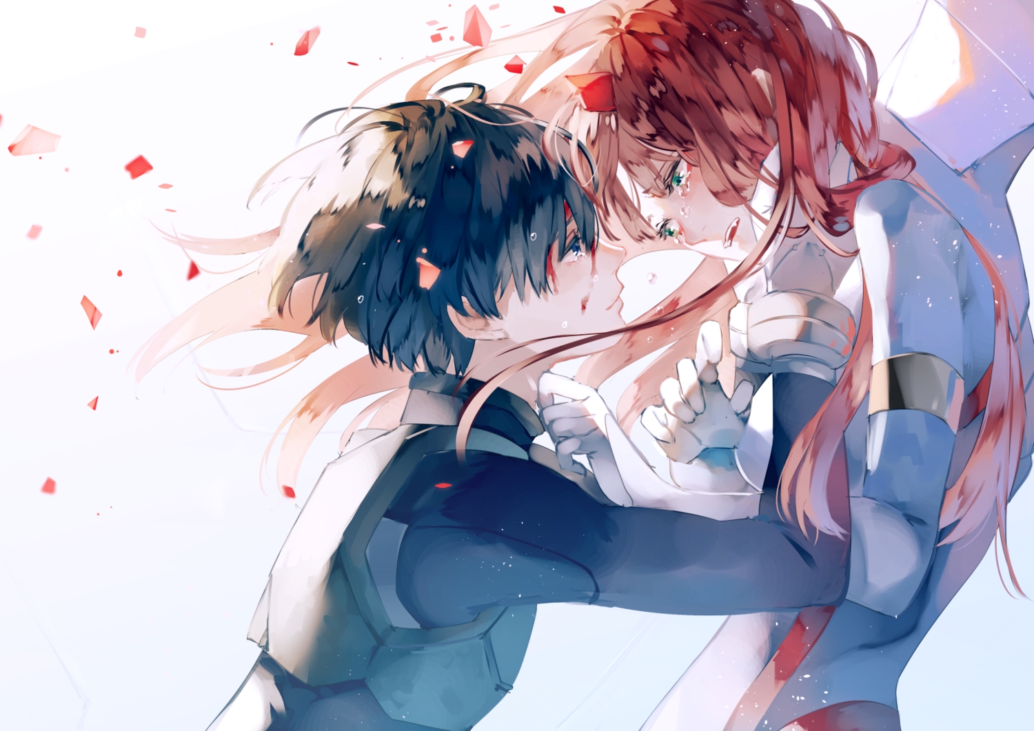 black_hair, blue_eyes, bodysuit, darling_in_the_franxx, gloves, green_eyes, hiro_(darling_in_the_franxx), horns, male, red_hair, short_hair, syokuuuuuuuuumura, zero_two