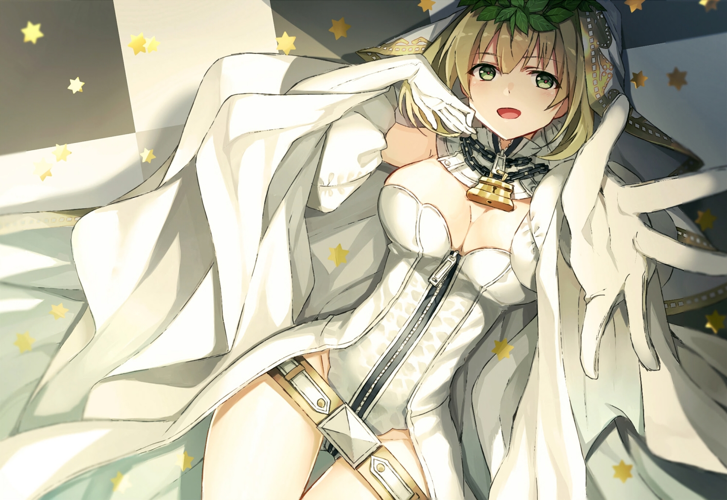 blonde_hair, breasts, chain, cleavage, elbow_gloves, fate/grand_order, fate_(series), fumio_(kanmi)