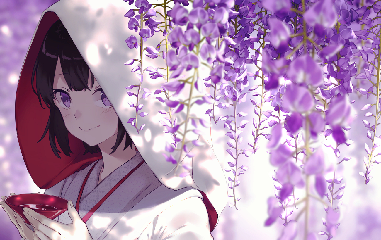 black_hair, close, drink, flowers, hood, japanese_clothes, kimono, kusaka_kou, original, purple_eyes, sake, short_hair, wedding_attire