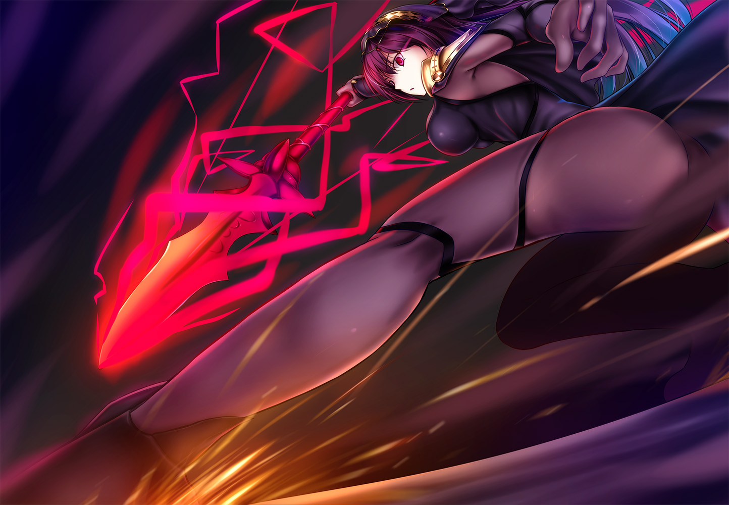 akeyama_kitsune, bodysuit, fate/grand_order, fate_(series), red_eyes, red_hair, scathach_(fate/grand_order), skintight, spear, weapon