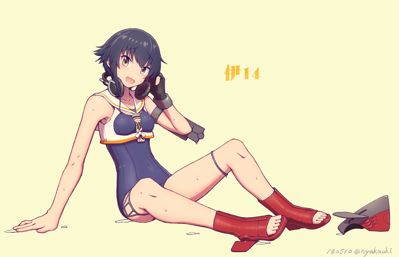 anthropomorphism, black_hair, gloves, headphones, i-14_(kancolle), kantai_collection, mumyoudou, short_hair