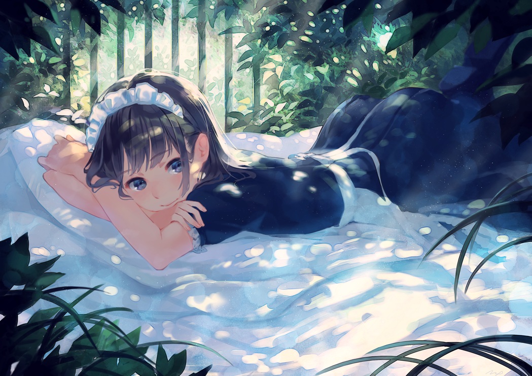 apron, black_hair, blue_eyes, dress, headdress, maid, matsushita_mino, original, short_hair