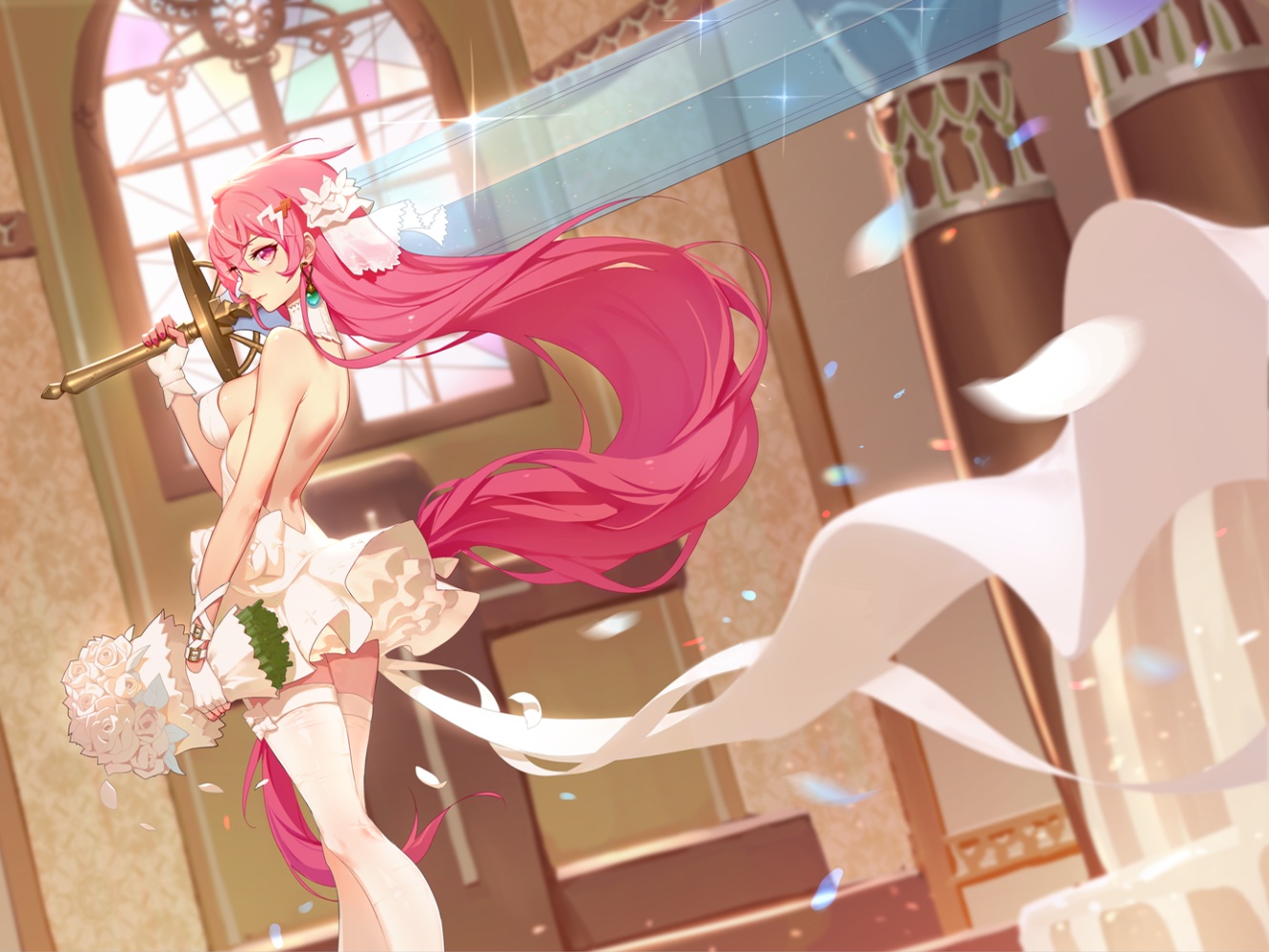 dress, flowers, gloves, long_hair, mosquito_coils, original, pink_eyes, pink_hair