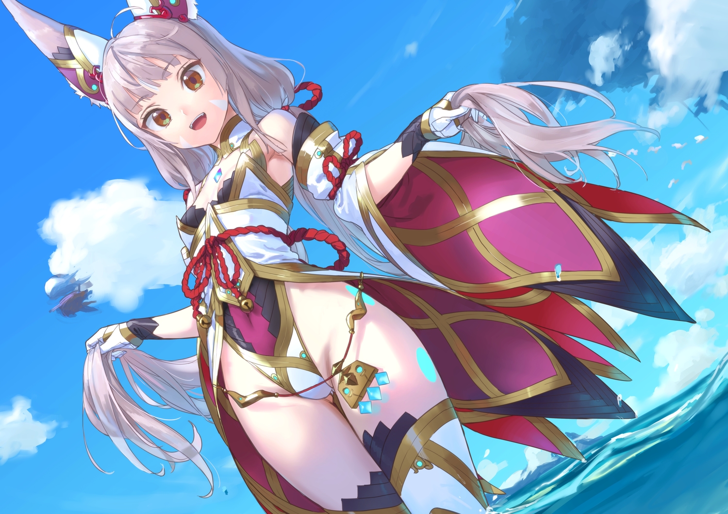 animal_ears, breasts, brown_eyes, catgirl, cleavage, clouds, gray_hair, japanese_clothes, kawakami_rokkaku, long_hair, niyah_(xenoblade), sky, thighhighs, twintails, water, xenoblade