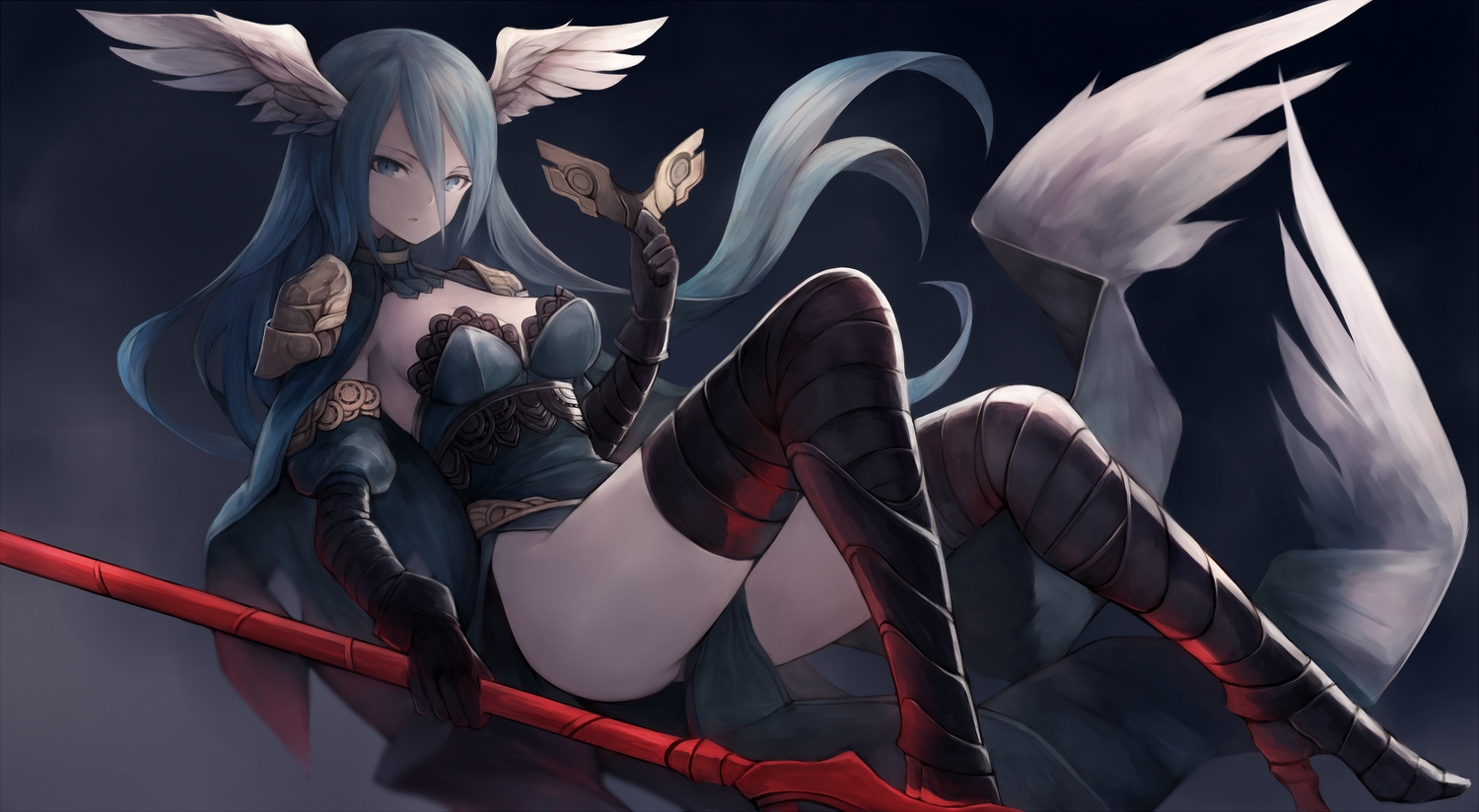 blue_eyes, blue_hair, breasts, cape, elbow_gloves, gloves, long_hair, original