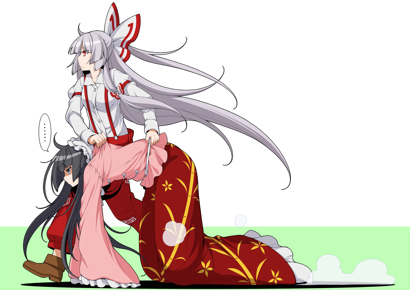 2girls, black_eyes, black_hair, eichi_yuu, fujiwara_no_mokou, gray_hair, houraisan_kaguya, long_hair, red_eyes, touhou