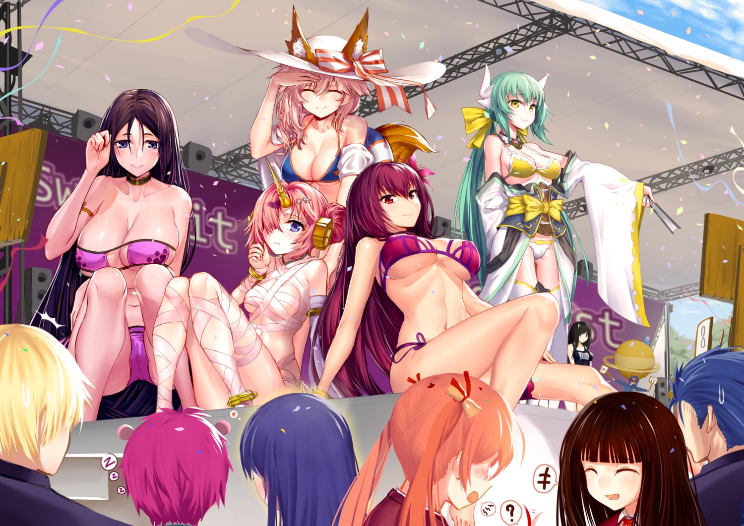animal_ears, bikini, blue_eyes, bow, breasts, cleavage, fan, fate/grand_order, fate_(series), foxgirl, frankenstein, green_eyes, green_hair, group, hat, horns, kiyohime_(fate/grand_order), long_hair, male, minamoto_no_yorimitsu_(fate), navel, onceskylark, pink_hair, ponytail, red_eyes, red_hair, ribbons, saiki, saiki_kusuo_no_psi_nan, scathach_(fate/grand_order), swimsuit, tagme_(character), tail, tamamo_no_mae_(fate), teruhashi_kokomi, thighhighs