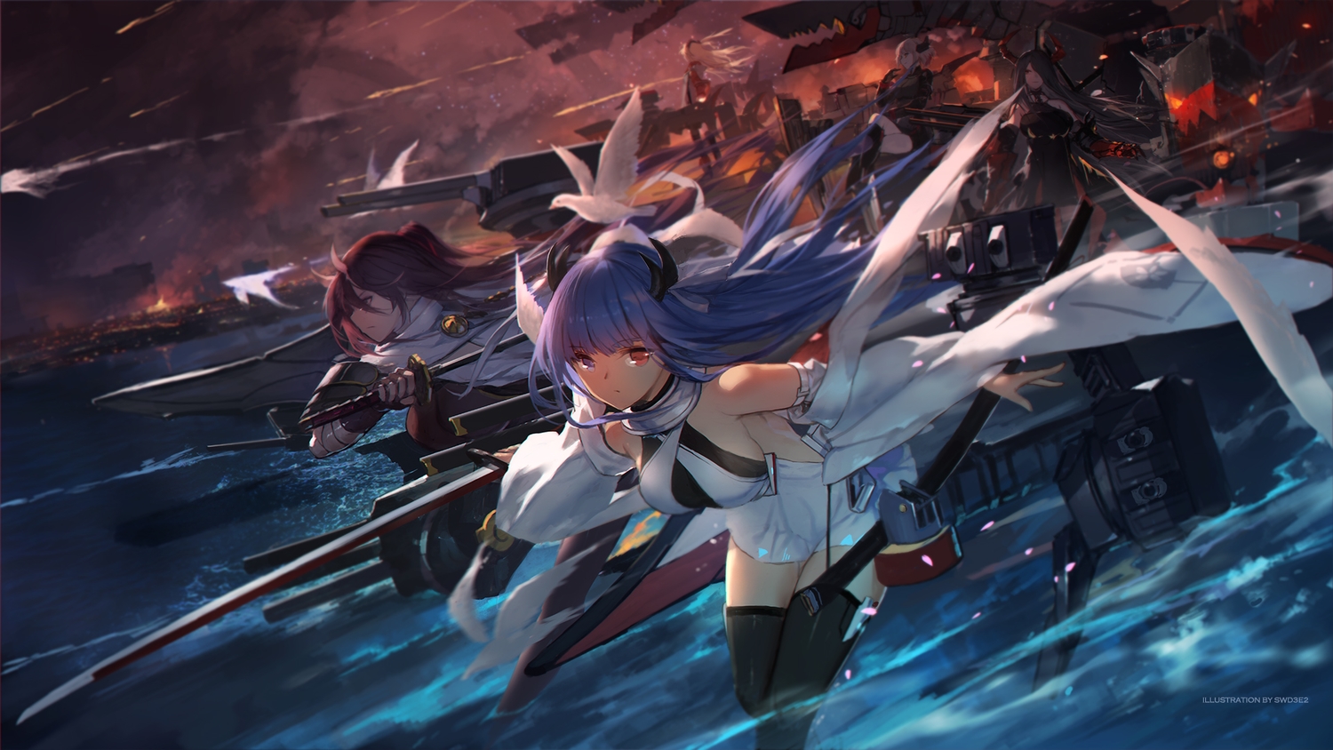 admiral_hipper_(azur_lane), animal, anthropomorphism, azur_lane, bicolored_eyes, bird, black_hair, blonde_hair, blue_hair, brown_hair, dress, elbow_gloves, gloves, group, horns, ibuki_(azur_lane), izumo_(azur_lane), long_hair, roon_(azur_lane), swd3e2, thighhighs, water, watermark
