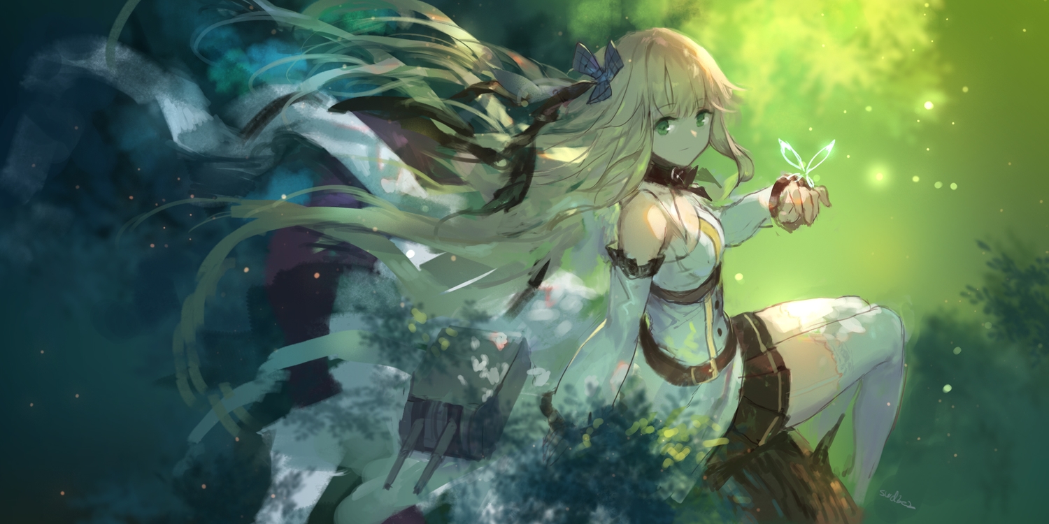 anthropomorphism, aurora_(azur_lane), azur_lane, blonde_hair, garter_belt, green, green_eyes, signed