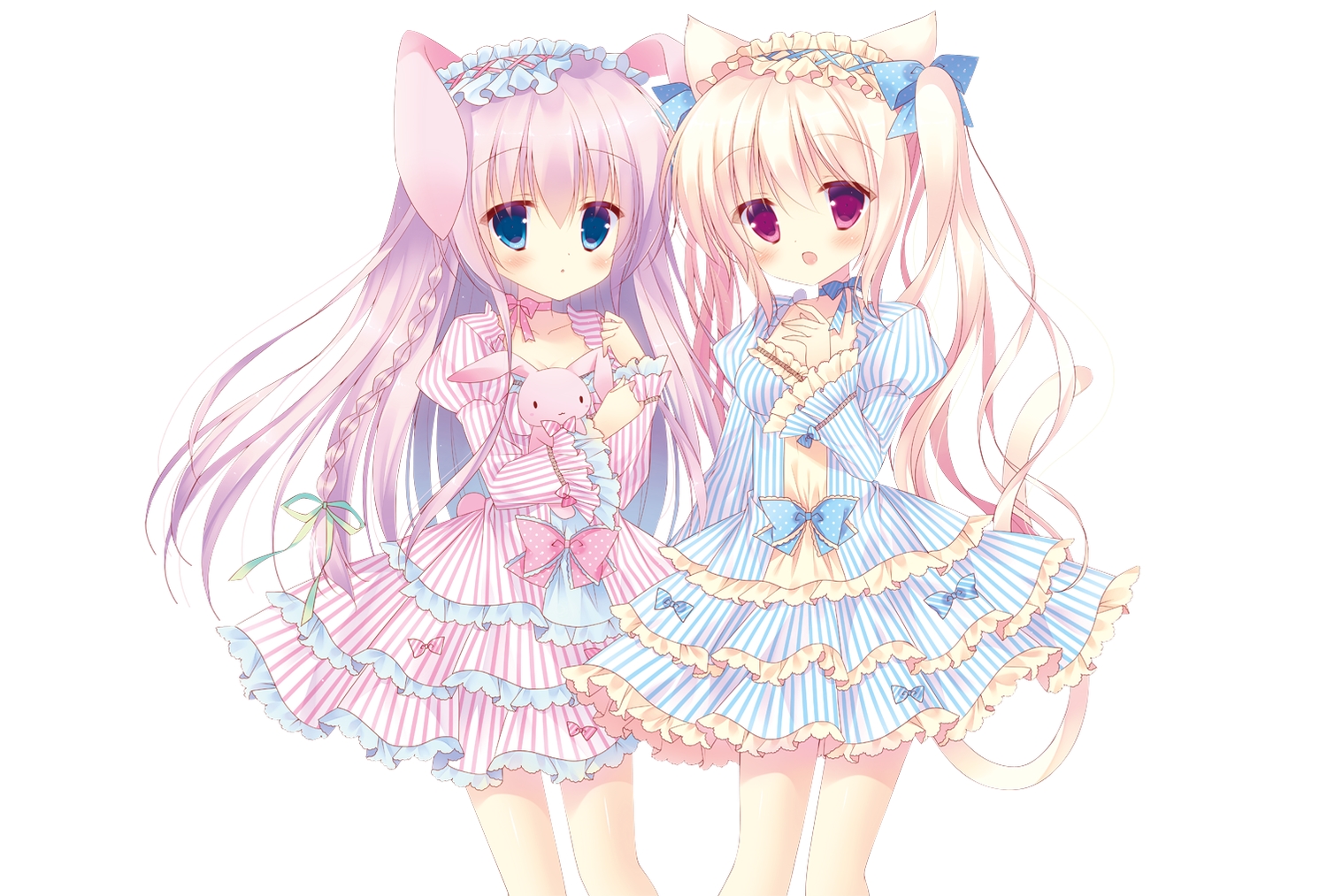 2girls, aliasing, animal_ears, blonde_hair, blue_eyes, bunny_ears, bunnygirl, catgirl