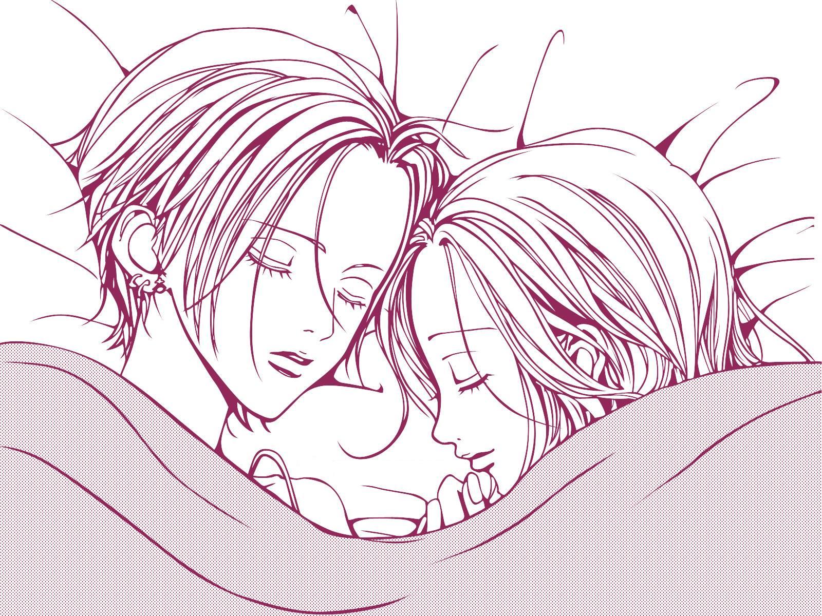 2girls, bed, hachi, jpeg_artifacts, monochrome, nana, nana_(series), osaki_nana