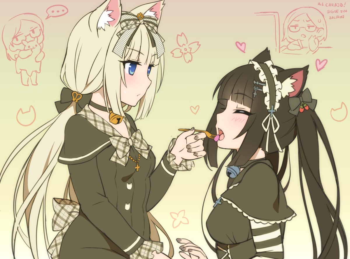 2girls, animal_ears, bell, black_hair, blonde_hair, blue_eyes, bow, catgirl, chocola_(sayori), choker, cross, food, goth-loli, gradient, headdress, lolita_fashion, long_hair, nekopara, sketch, twintails, vanilla_(sayori), wanaca