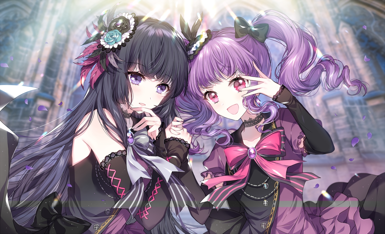 2girls, bang_dream!, black_hair, bow, choker, dress, long_hair, n_n_(vbdpsep)