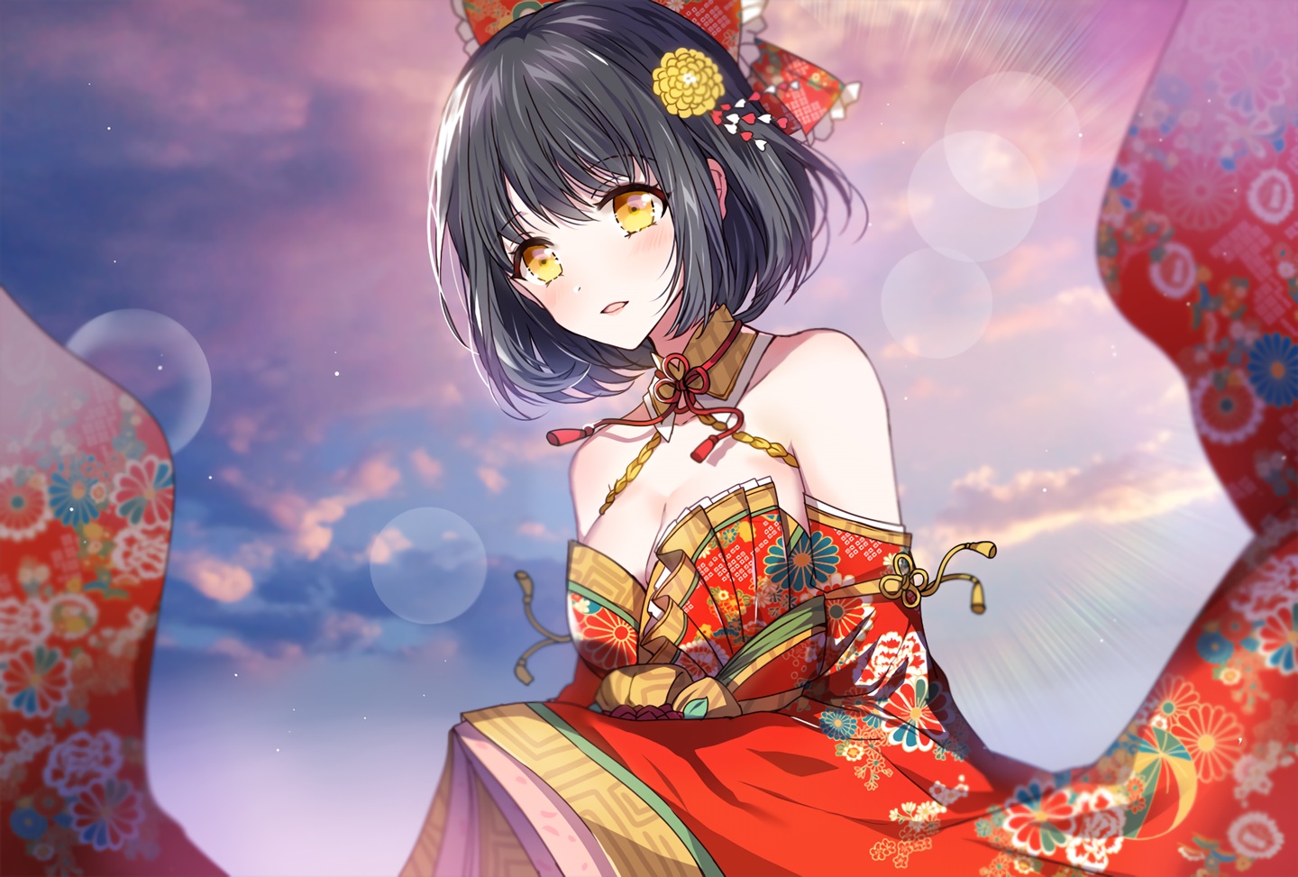 black_hair, breasts, cleavage, clouds, idolmaster, idolmaster_cinderella_girls, idolmaster_cinderella_girls_starlight_stage, japanese_clothes