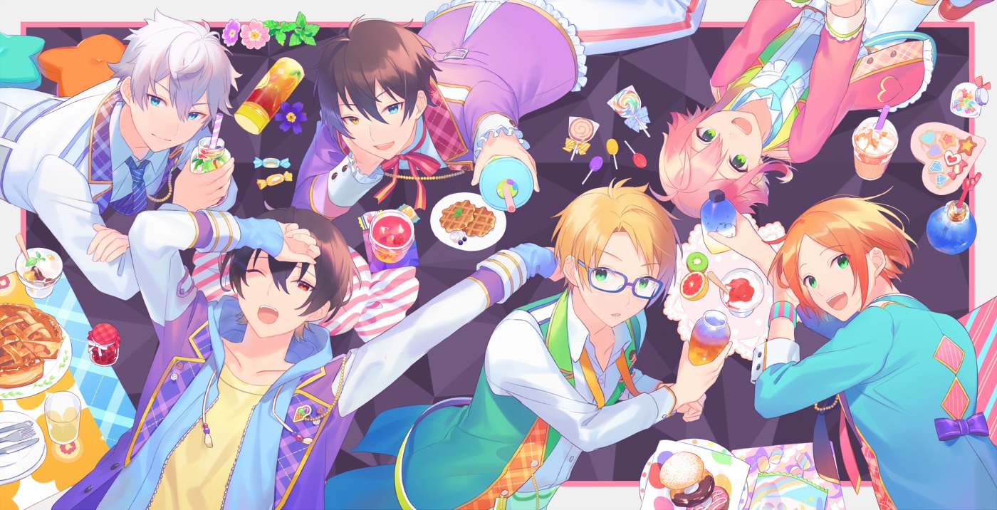 all_male, aqua_eyes, bicolored_eyes, blonde_hair, brown_hair, candy, drink, ensemble_stars!